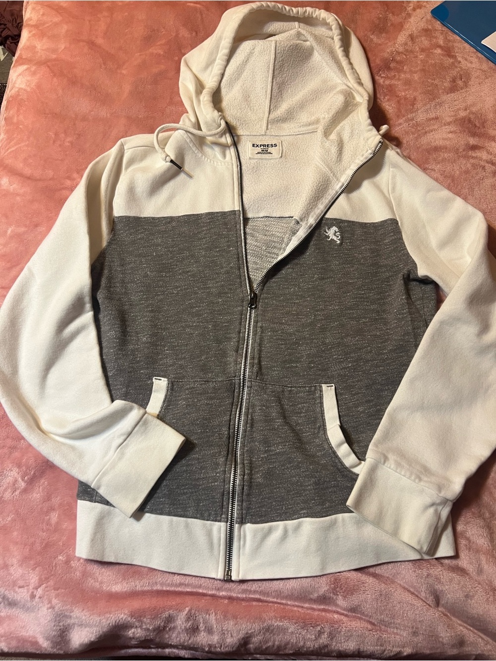 Express Men’s Gray and White Zip-Up Hoodie